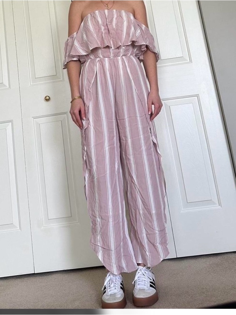 American Eagle Outfitters Pink & White Striped Off-Shoulder Wide-Leg Jumpsuit